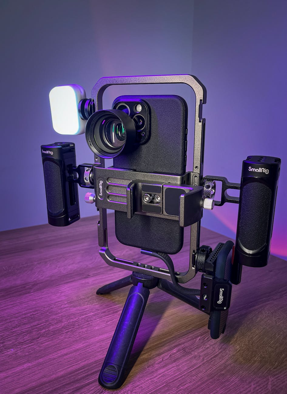 High-quality smartphone rig with light and lens for professional video shooting.