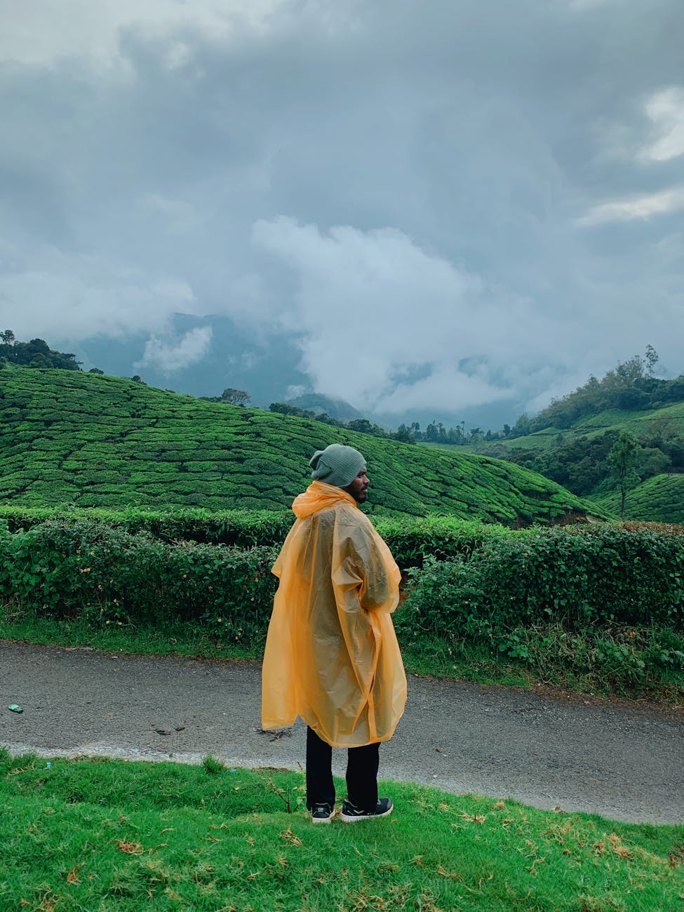 Traveler in raincoat enjoying the lush green tea hills of Munnar, India.